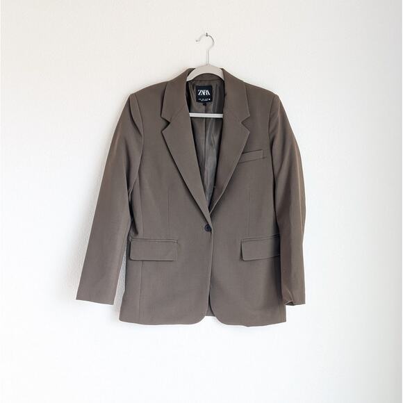 Zara Khaki Basic V-neck Long Sleeve Button Blazer Jacket, size S - Picture 1 of 9